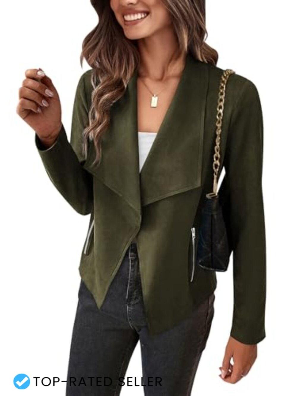 Faux Suede Cropped Jacket Waterfall Open Front Casual Coat